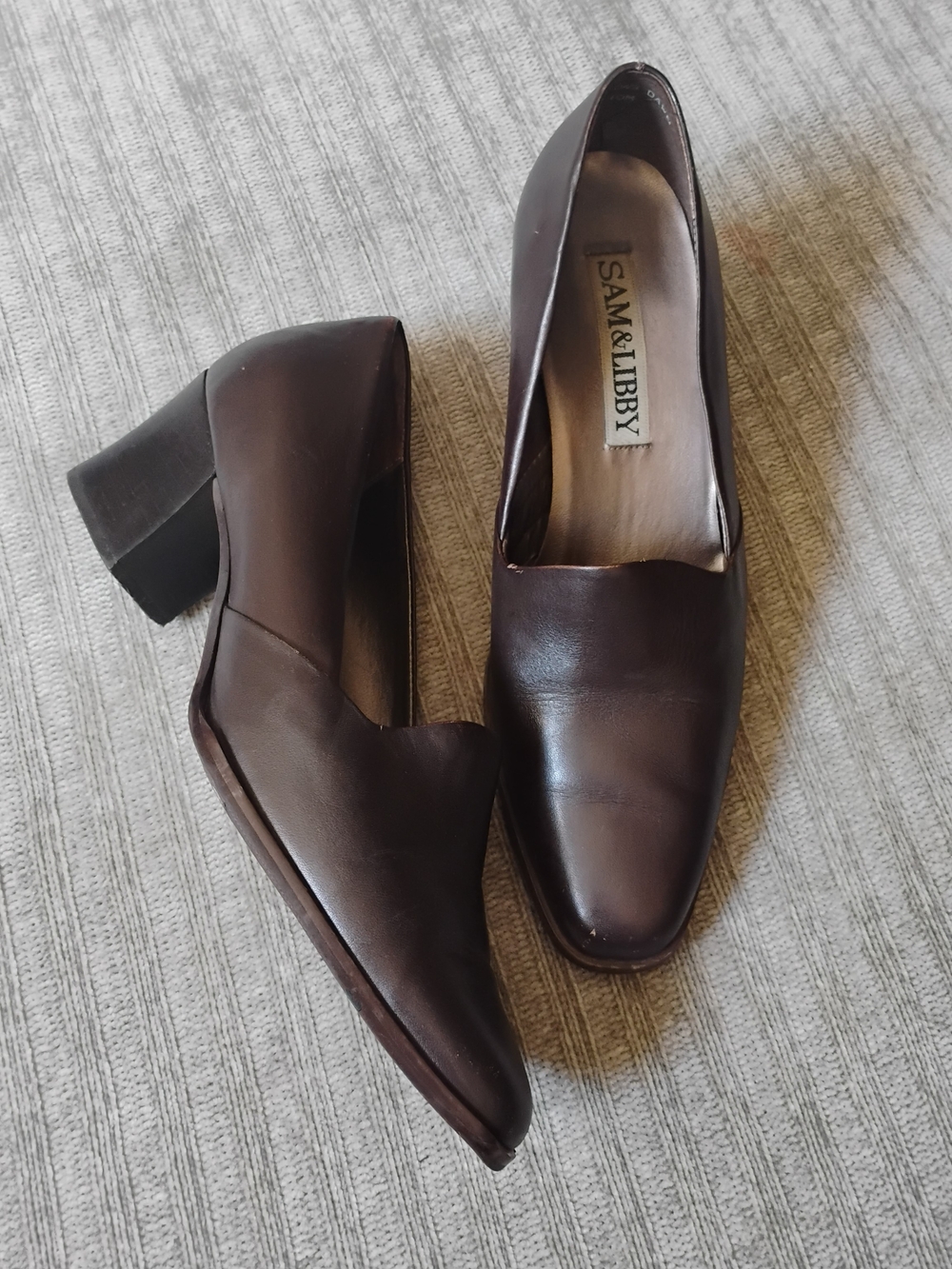 Vintage 90s Sam & Libby Brown Leather Chunky Block Heel Loafer Pumps Size 10M
